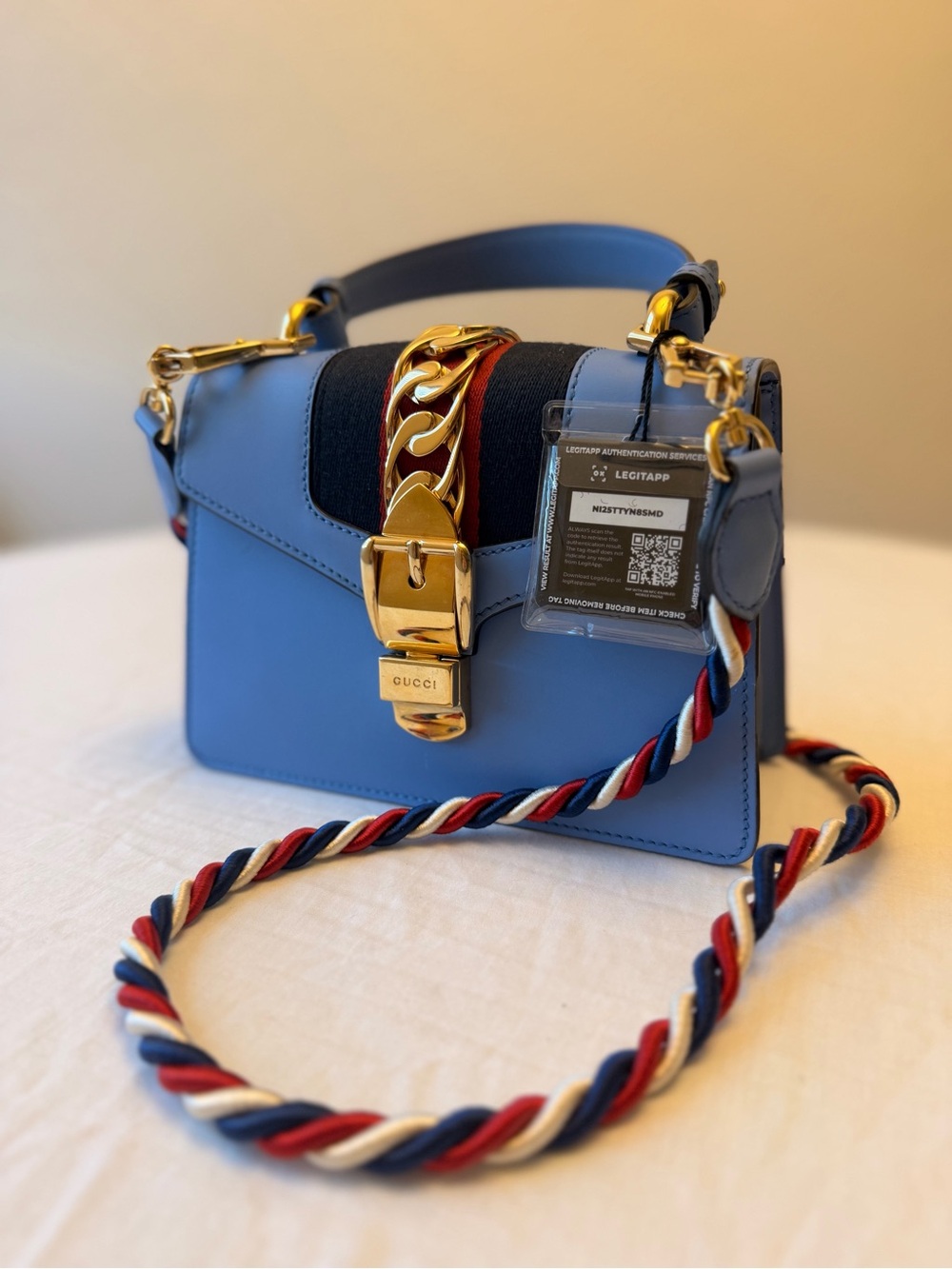 Gucci Sylvie Mini Top Handle Bag Light Blue Leather